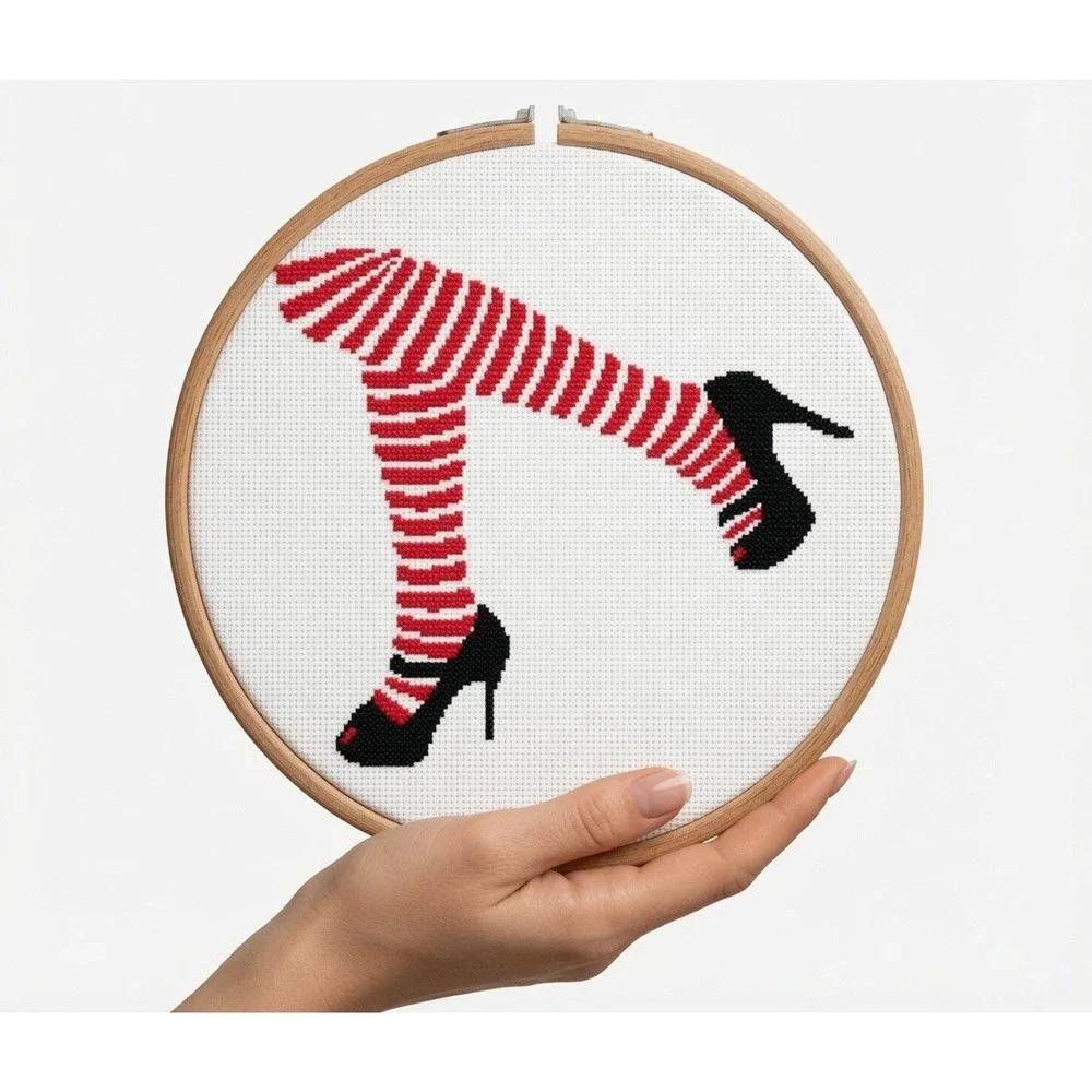 Red Striped Stockings Pin-Up Legs Shoes Modern Cross Stitch Pattern Chart